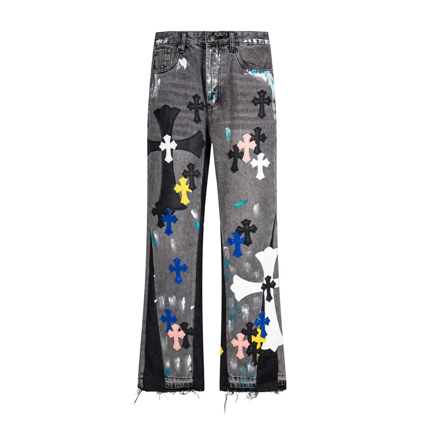 💰330 Top Version GALLERY DEPT & Chrome Hearts Chrome Hearts co-branded large logo blue, yellow, black and white multi-color spliced ​​washed jeans, truly restores the ultimate vintage texture, three-dimensional version, loose and comfortable, not picky about the figure, taller and slimmer, large factory Seiko, original factory quality control, same style for men and women, can be matched with couples, versatile recommendation, must-have jeans for all seasons, fashionable people have been disappointed. From the quality selection of fabrics, the tailoring of details, and the matching of patterns, they are all impeccable! The upper body is so handsome when worn...it can be easily worn by men, women and children! The craftsmanship is made of heavy-duty washed pure cotton denim fabric. After washing, it is soft and thick. It is very stylish when worn on the body. Style number: 1788# Color: black Size: 28 30 32 34 36